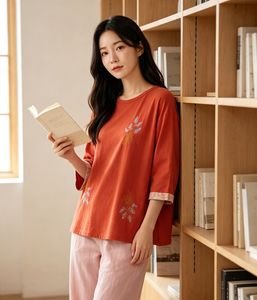 <b>Women's</b> <b>Red</b> Solid Embroidered Plus Size Maternity <b>Blouse</b> Three Quarter Sleeve Crew Neck Loose Fit Casual Top Summer 100% - Product Image 1