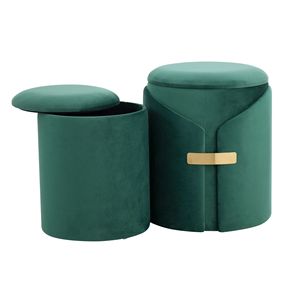 Dalia verde velluto nidificante Ottoman Set contemporaneo/Glam stile con pezzi di accento in metallo dorato sgabelli e pouf - Product Image 2