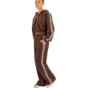 Womens Two Piece Hooded Tracksuit Full <b>Zip</b> Cropped Sweatshirt <b>Side</b> Stripe Elastic Waist Straight Leg <b>Trousers</b> Casual Lounge Sets - Product Image 5