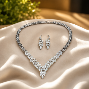 Luxury Engagement Bridal Jewelry Set 14k White Gold Plated Marquise Cut Diamond <b>Statement</b> <b>Necklace</b> and Earrings for Women - Product Image 1