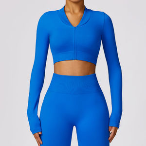 Conjunto de yoga sin costuras de alta calidad para mujer con chaqueta con cremallera y leggings de cintura alta de dos piezas - Product Image 5