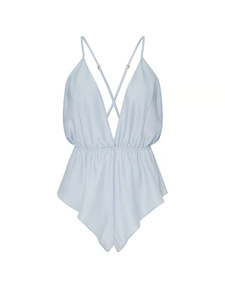 <b>Women's</b> Light Blue Chiffon Sleeveless Sleep <b>Romper</b> Halter Neck Elastic Waist Summer Sexy Solid Color Full Length Sleepwear - Product Image 6
