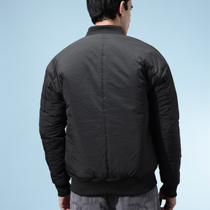 Men'<b>s</b> Black Bomber <b>Jacket</b> Polyester Windproof Zipper Closure Stand Collar Casual Winter Wear Thick Padded Design - Product Image 3