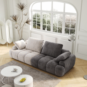 Divano Moderno a Due Posti in Tessuto Scamosciato Beige e Grigio, 220 cm, per Soggiorno - Product Image 1