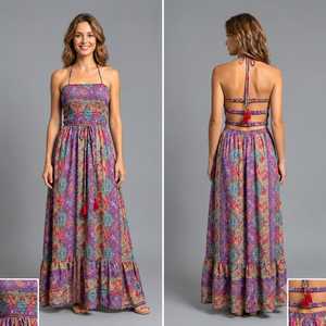 Vestido maxi halter estampado con espalda descubierta, bajo con volantes, sin mangas, casual de verano para mujer, estilo Y2K, cintura natural, tejido. - Product Image 2