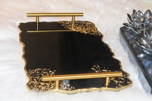 Luxury Black <b>Epoxy</b> Resin Serving Tray With Golden Flakes Handmade Decorative Tray With Metal Handles Storage Tray For Home Decor - Product Image 6