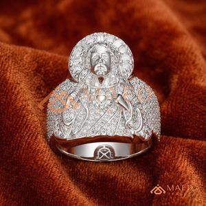 925 <b>Silver</b> Moissanite Baguette Halo Christ Statement <b>Ring</b> Hip Hop Jewellery Jesus <b>Ring</b> Iced Out Religious <b>Ring</b> <b>for</b> <b>Men</b> - Product Image 1