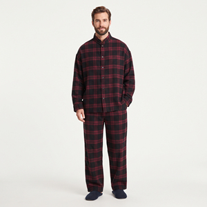 Ensemble de pyjama en flanelle à carreaux pour homme, deux pièces, manches longues, col montant, boutons sur le devant, coupe régulière, coton d'hiver, deux pièces, décontracté, pour dormir - Product Image 6