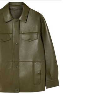 Chaqueta de cuero genuino extragrande para mujer, estilo universitario, color verde oliva, sobrecamisa utilitaria con botones cubiertos OEM, ropa exterior. - Product Image 3