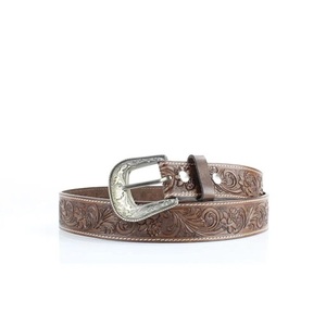 Ceinture en cuir pleine fleur marron de style western, unisexe, sculptée et peinte à la main, avec boucle en laiton gravée de motifs floraux. - Product Image 5