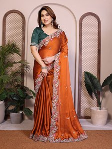 NiMa Creations Traditional Indian Silk Saree Embroidered Border Orange <b>Green</b> Blouse Wedding Party Wear Women Regular Fit Floor - Product Image 1