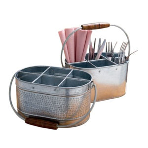 Organisateur de comptoir de cuisine moderne en métal galvanisé avec poignée en bois pour ustensiles et couverts, idéal pour les fêtes - Product Image 1