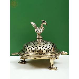 Brûleur d'encens de paon en laiton de 6 pouces fait à la main avec porte-encens et diffuseur d'aromathérapie à base de tortue - Product Image 3