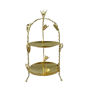 Support à gâteau de luxe à 2 niveaux en or, support à cupcakes en métal, plateau de service décoratif floral en forme de tulipe pour mariage, fête, buffet, présentation de pâtisseries - Product Image 1