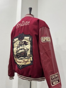 Custom Maroon Wool Varsity Jacket | OEM Mandarin Collar Embroidered Patchwork Letterman Jacket | Private Label Unisex Winter - Product Image 5