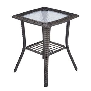 Tavolino Laterale da Esterno in Vimini Grigio con Piano in Vetro, Tavolino in Rattan per Patio, Tavolo da Caffè per Interni, Giardino, Portico, Balcone - Product Image 3
