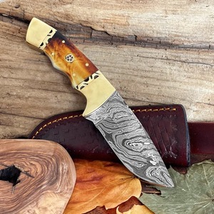 Custom Handmade OEM DIY Skinner Hunting <b>Knife</b> Damascus Steel <b>Bone</b> <b>Handle</b> Clip Point 3mm 8in Overall Leather CKS-187 - Product Image 5