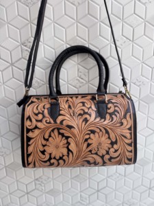 Hand Tooled Checkered Leather Fringe Tote Bag Cross-Body Large Size Western Fashion New Arrival Stylish <b>Purse</b> For Daily Use - Product Image 3