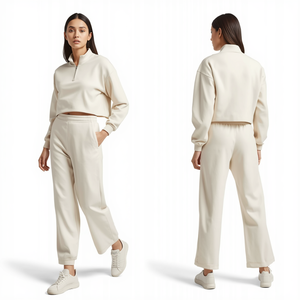 Unisex Hooded Quarter <b>Zip</b> Solid Breathable & Quick Dry Polyester/Cotton Cropped Sweatshirt and Wide Leg Jogger Set - Product Image 2