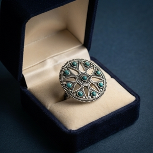 DIVYORO Flower Pattern Cocktail <b>Ring</b> with Turquoise Stones Brass Oxidized Silver Plated Bohemia Style Party - Product Image 3