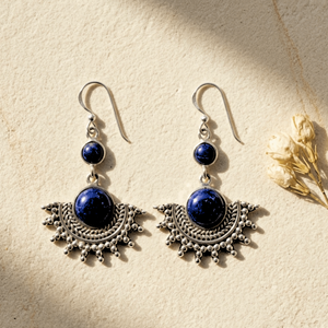 Pendientes de Lapislázuli en Plata de Ley 925, Gema Azul Natural, Piedra de Nacimiento de Septiembre, Joyería Étnica Hecha a Mano con Diseño Floral, Regalo - Product Image 4