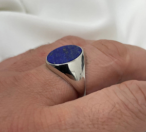 Bague signet homme style bohème en argent 925 rhodié, sertie d'un lapis-lazuli ovale 10x14mm fait main, best-seller, pour mariage - Product Image 4