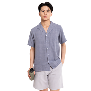 Chemise décontractée pour homme à manches courtes, col marin, couleur unie, en popeline de coton respirante, idéale pour l'été - Product Image 2