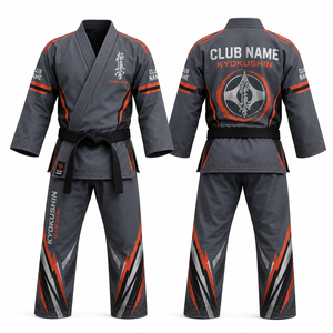Kimono de karaté MEGAMAPLE Club, imprimé par transfert thermique, nom et numéros d'équipe, blanc et bleu, col en V, manches longues, évacuation de l'humidité, respirant, 100% coton - Product Image 1