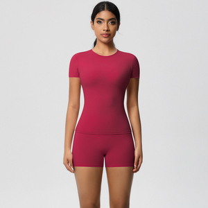 Ensemble de yoga 2 pièces pour femme, imprimé, short taille haute, haut sans couture à manches courtes, extensible dans les quatre sens, Spandex/Nylon, tenue de sport pour l'entraînement - Product Image 1
