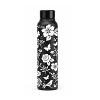 Bouteille d'eau en acier inoxydable noir avec imprimé floral papillon, bouteille isotherme réutilisable avec bouchon à vis pour le bureau