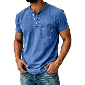 T-shirt pour homme en coton 100% lavé, fabriqué par OEM, col Henley, manches courtes, décontracté, effet délavé, vintage, coupe ample, été - Product Image 1