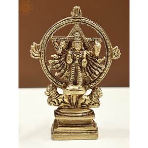 Sculptures en laiton de 4 pouces faites à la main Petite statue de Sudarshana Vishnu avec Narasimha sur les idoles uniques inversées - Product Image 1