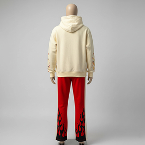 Ensemble de survêtement streetwear personnalisé 100 % coton pour homme, avec sweat à capuche et pantalon patchwork, joggers empilés évasés, deux pièces - Product Image 3