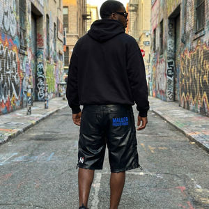 Shorts en cuir noir pour homme, style streetwear, hip hop, urbain, motard, design à lacets, Maluza Industries - Product Image 6