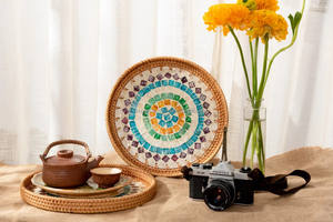 Meilleur choix pas cher prix écologique laque incrusté plateau rotin décor plateaux DHT artisanat vietnam - Product Image 3