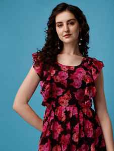 เดรสยาวพิมพ์ลายดอกไม้สีแดงเข้มของผู้หญิงผ้าจอร์เจ็ตผ้าเครปขนาด M L XL XXL ขายส่ง - Product Image 2