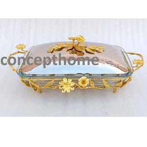 Plat de service de luxe à motif floral avec support en laiton floral, vaisselle de service vintage, logo personnalisable, style occidental. - Product Image 3