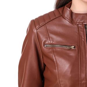 Wholesale Women Solid Color <b>Leather</b> Zipper Button Decoration Slim Casual Jacket - Product Image 5