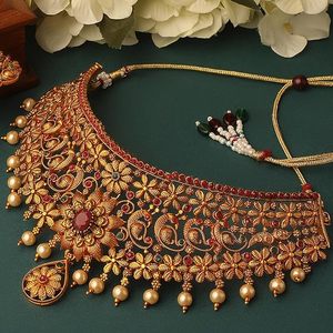 Conjunto de Collar Gargantilla y Pendientes con Diseño Floral Chapado en Oro, con Perlas de Imitación y Piedras, para Mujer, Joyería de Moda para Bodas - Product Image 4