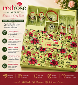 Ensemble cadeau élégant en verre à motif de roses, 4 bols et 2 verres, facile à nettoyer, boîte de service décorative sculptée pour la maison et les cadeaux - Product Image 1