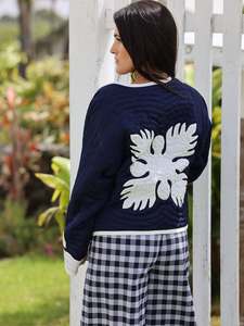 Hawaiian <b>Quilted</b> <b>Jacket</b> <b>Navy</b> Blue White Leaf Applique <b>Womens</b> Long Sleeves Open Drape Front White Trim Handcrafted Boho Outerwear - Product Image 2