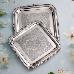 Plateau de service en argent, plateau de service décoratif, plateau en métal de luxe, plateau de service gaufré, plateau en argent gravé - Product Image 3