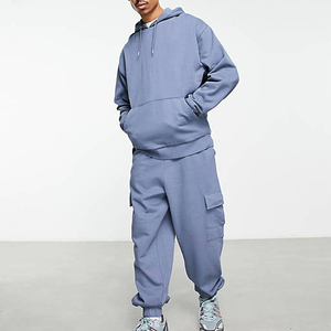 Conjunto Deportivo Unisex Azul con Cierre de Cremallera, Manga Larga, Patrón Geométrico, Estilo Casual Urbano, Corte Holgado, Bolsillos Laterales, Algodón Ligero - Product Image 2