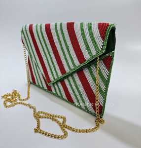 Pochette de soirée élégante et royale en lin artisanal de qualité supérieure, ornée de perles et de broderies de cristaux, avec bandoulière chaîne imperméable pour femme - Product Image 2