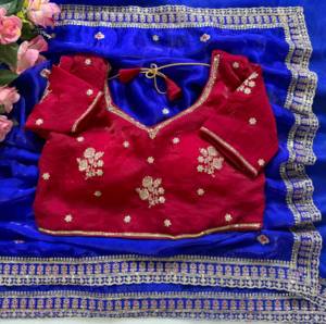 Sari Étnico Indio de Satén Verde Azulado con Bordado C Pally y Lentejuelas, Sari con Blusa Cosida para Bodas - Product Image 5