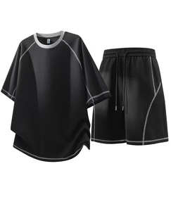 Men Solid Black Crew Neck T-Shirt Set Knitted Breathable Polyester/Cotton Quick Dry Short Sleeve Casual Summer Shorts Outfit - Product Image 6