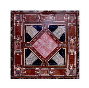 Plateau carré en marbre incrusté de os avec motifs architecturaux en arc rouge et blanc et un diamant rose central, à prix de gros. - Product Image 1