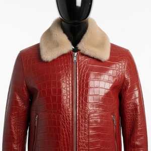 Chaqueta de Cuero Roja para Hombre, Estilo Bomber, con Cuello de Piel con Estampado de Cocodrilo, Cierre Frontal con Cremallera, Resistente al Viento, Estilo Motero para Invierno - Product Image 5