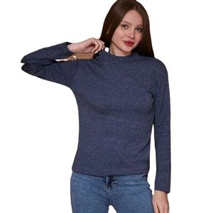 Pull à col montant gris bleu foncé avec devant uni marbré, coupe ajustée, manches longues, poignets et ourlet à bande, personnalisation du logo - Product Image 1