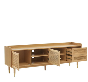 Buffet moderne en teck massif avec porte en rotin, style scandinave, armoire de rangement en bois - Product Image 3